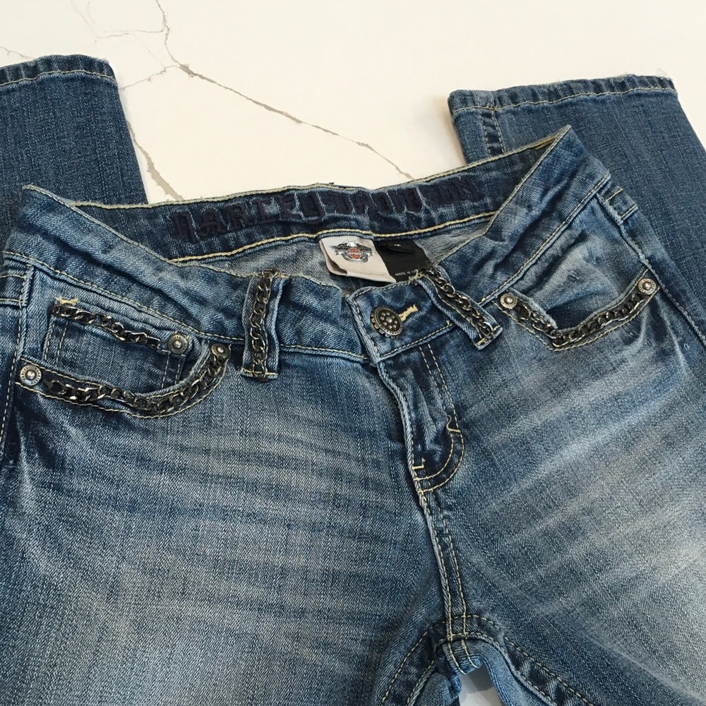 Harley-Davidson Light Blue Straight Leg Jeans Metal Chain Size 6 Petite